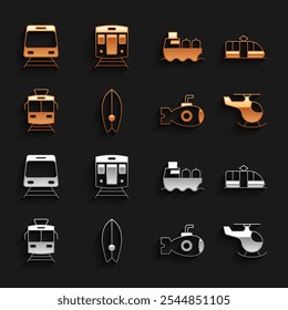 Set Surfboard, Tram and railway, Helicopter, Submarine, Oil tanker ship, Train and  icon. Vector