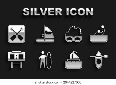 Set Surfboard, Water polo, Kayak and paddle, Yacht sailboat, Sport mechanical scoreboard, Glasses for swimming, Paddle and Windsurfing icon. Vector