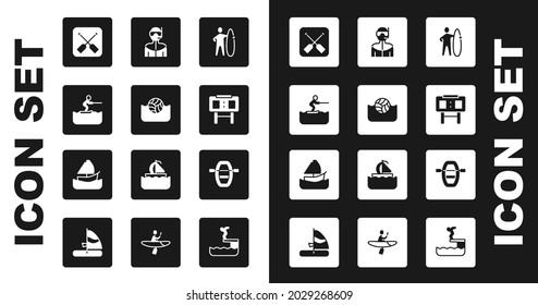 Set Surfboard, Water polo, skiing man, Paddle, Sport mechanical scoreboard, Wetsuit for scuba diving, Boat with oars and Yacht sailboat icon. Vector