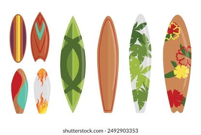 Set of surfboards in cartoon style.Vector illustration of surfboards with patterns: fire, flowers, palm leaves, lines isolated on white background. A surfboard for surfing the waves. Active leisure.