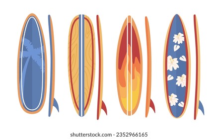 Set of surfboards concept. Equipment for active lifestyle and extreme sport. Leisure in tropical and exotic countries. Cartoon flat vector collection isolated on white background