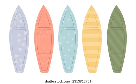 Set of Surfboards with Different Bright and Unusual Pattern Designs. Various Surf Desks, Surfing Boards Collection, Shortboard and Longboard Isolated on White Background. Cartoon Vector Illustration