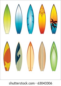 A set of surfboards with different designs, in editable vector file.