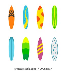 Set of surfboards with different designs in a flat style isolated on white background. Summer sport surfing board activity wave extreme collection and surfing wood board.