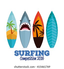 Set of surfboards with different designs on a white background with text