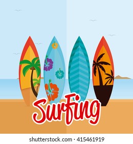 Set of surfboards with different designs on the beach