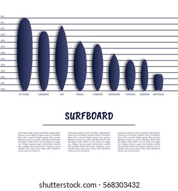 Set of surfboards of different length and destination vector isolated.