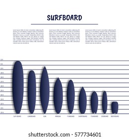 Set of surfboards of different length and destination vector isolated.