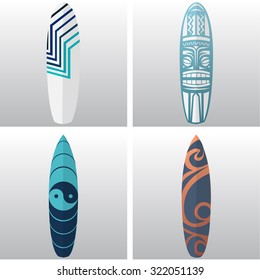 Set of surfboards with different textures on white backgrounds