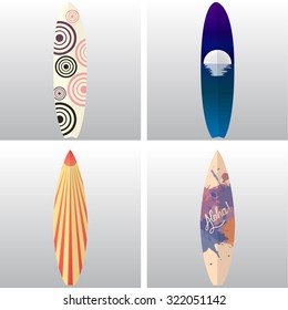 Set of surfboards with different textures on white backgrounds