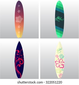 Set of surfboards with different textures on white backgrounds