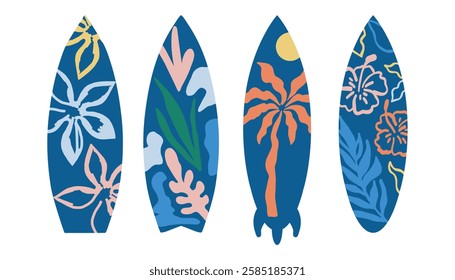 Set of surfboards with surfboards, hibiscus flowers, palms leaves, sea waves. Surf beach vibes tropical illustration. Summer vector isolated elements.