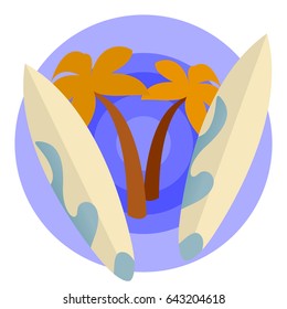 Set of Surfboards on a Blue Background  with Palm Trees. Sea extreme sport Concept. Vector illustration