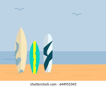 Set of Surfboards on a Blue Background  with Sea and Sand. Sea extreme sport Concept. Vector illustration