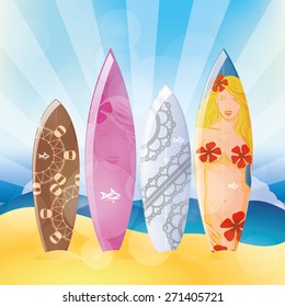 Surfbretter auf buntem Hintergrund. Vektorgrafik