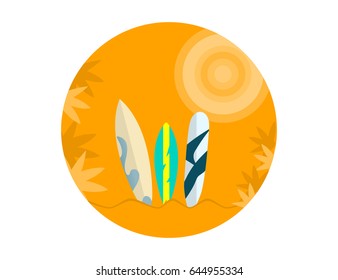 Set of Surfboards on a Orange Background  with Palm Trees and Sun. Sea extreme sport Concept. Vector illustration