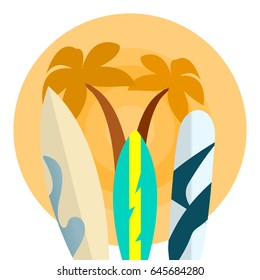 Set of Surfboards on a Orange Background  with Palm Trees and Sun. Sea extreme sport Concept. Vector illustration