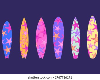 Set of surfboards with a pattern of starfish. Print surfboards isolated on white background. Vector illustration