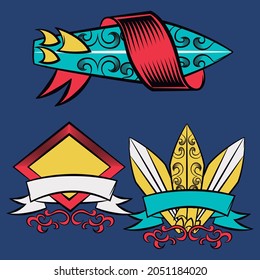 set of surfboards with ribbons and background surf design