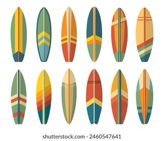 Satz Surfbretter. Sommer-Surfbrett-Elemente in buntem Muster-Design isoliert auf weißem Hintergrund. Vektorgrafik