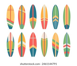 Set of surfboards. Summer surfboard elements in colorful pattern design isolated on white background. Vector	
