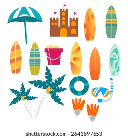 Set of surfboards and surfing equipment. Vector illustration in flat style