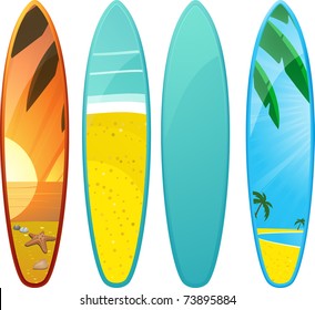 Set of surfboards with tropical backgrounds