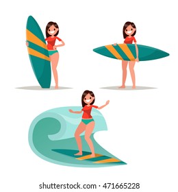 Set surfer girl. Posing with surfboard, riding on the waves. Vector illustration of a flat design
