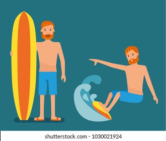 Set of surfer guy character on the crest wave isolated.