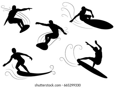 Set of Surfer Silhouettes - Vector Illustration