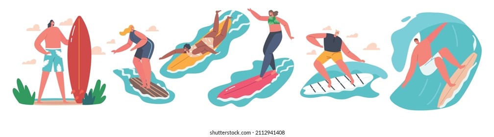 Set of Surfers Male and Female Characters, Surfing Sport, Men and Women in Swimwear Riding Surf Boards by Ocean Waves. Sports People Sparetime, Summer Activity, Lifestyle. Cartoon Vector Illustration.