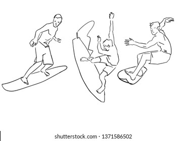 Set of surfers. Male surfer on surfboard in different poses. Hand drawn silhouette. Black lines drawing. Abstract contour. Vector collection. Active recreation.