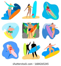 Set of surfers men and women characters with surfboards in different poses riding on waves. Vector illustration in flat cartoon style