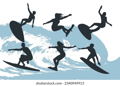 set of surfers on the background of the wave