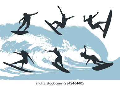 Set of surfers on the background of the wave