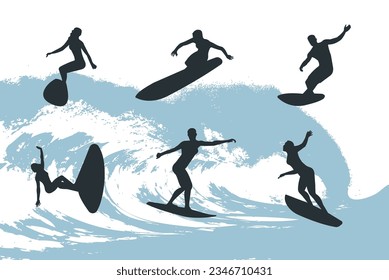 set of surfers on the background of the wave