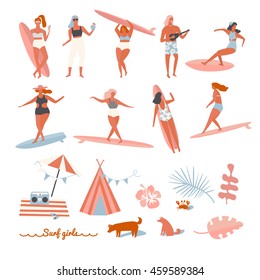 Set Of Surfers  On The Beach. Cartoon Flat People In Vector.