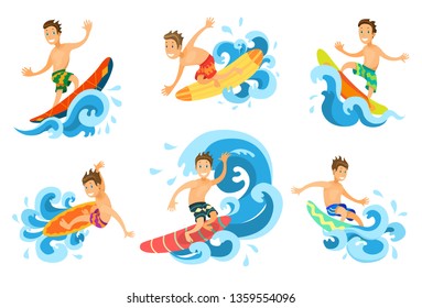 Set of surfers on the big waves. Vector illustration of men on surfboards in flat style.