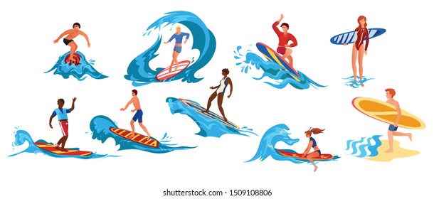 Set of surfers. Raster illustration in flat cartoon style