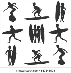 Set of surfers silhouettes. Man and woman with surfboard