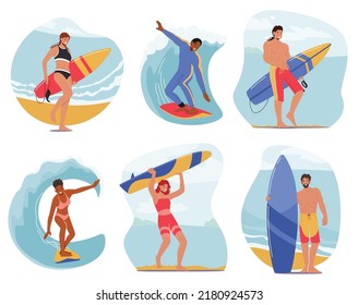 Set of Surfers Summer Activity, Lifestyle. Male and Female Characters, Surfing Sport, Men and Women in Swimwear Riding Surf Boards by Ocean Waves. Sports People Spare time. Cartoon Vector Illustration.