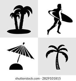 Set of surfing and beach tropical vector icons. Black silhouette of surfer man with surfboard, palm trees island, and beach parasol clipart for summer resort and water sports.