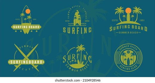 set of surfing board at the beach logo vintage vector illustration template icon graphic design. bundle collection of various surfboard sign and symbol with typography style for travel and business