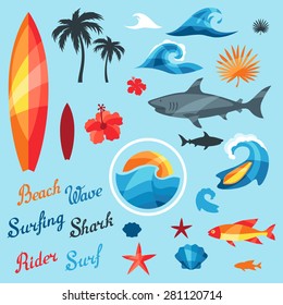 Set of surfing design elements and objects.