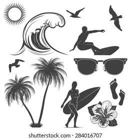 Set of surfing design elements. Vector EPS8 illustration. 