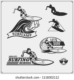 Set of surfing emblems, labels and badges. Surf design elements.