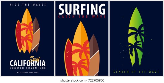 Set of Surfing graphic with palms and surfingboards. T-shirt design and print