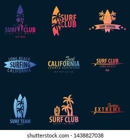 Set of Surfing Graphics and Emblems for web design or print. Surfer logos templates. Surf Club or Shop