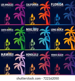 Set of Surfing graphics with palms. T-shirt design and print