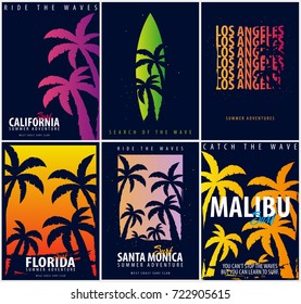 Set of Surfing graphics with palms. T-shirt design and print